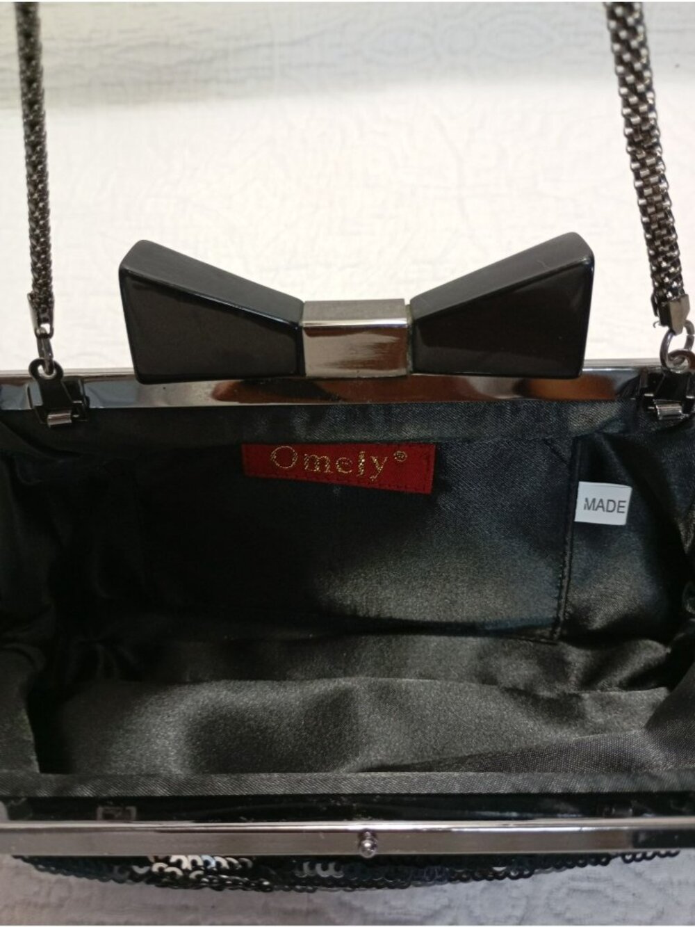 Black Sequin Bow Clutch Purse With Silver Chain Strap By Omely - Picture 8 of 11